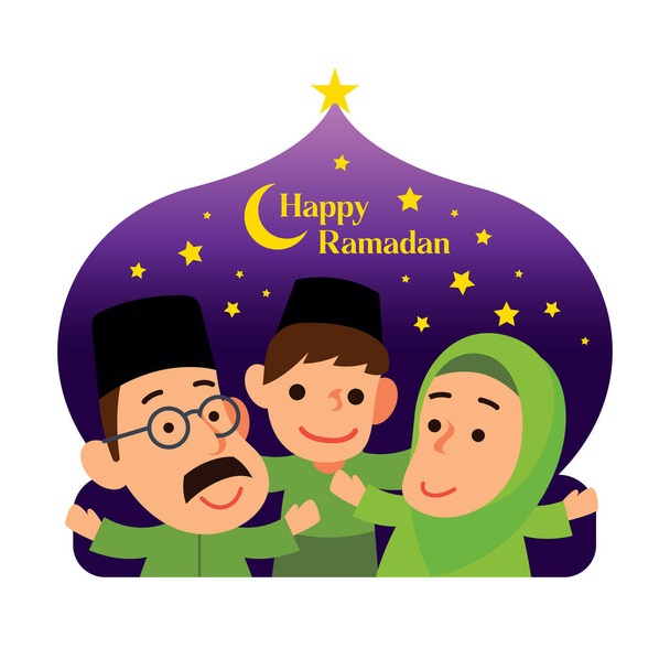Cartoon famille musulmane célèbre Ramadan sur la mosquée en forme de clair de lune et le fond des étoiles. Illustration vectorielle des caractères - Vecteur, image