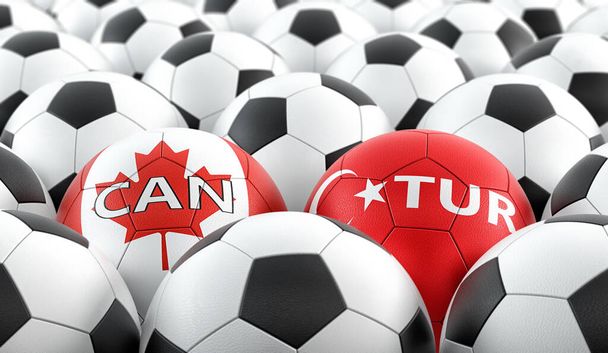 Turkey vs. Canada Soccer match - Soccer balls in Turkey and Canada national colors. 3D Rendering  - Фото, изображение