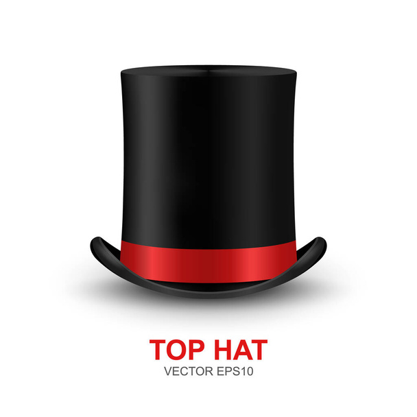 Vector 3d Realistic Retro, Vintage Black Top Hat with Red Ribbon Icon Closeup Isolated on White Background. Design Template of Top Hat, Mockup. Gentlemans Hat Icon. Top Hat in Front View. - Vektör, Görsel