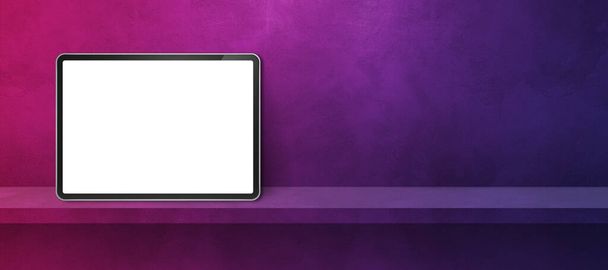 Digital tablet pc on purple wall shelf. Horizontal background banner. 3D Illustration - Фото, изображение