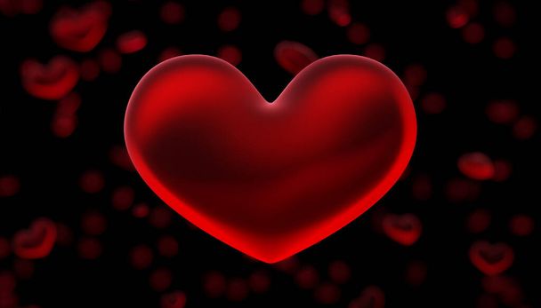 Красное полупрозрачное мягкое сердце нависает над черным фоном, заполненным не в фокусе маленькими сердцами. 3d-рендеринг - Фото, изображение