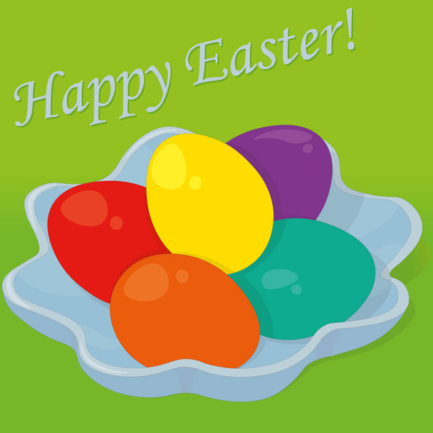 Happy easter congratulation card with colored eggs on plate vector illustration - Вектор,изображение