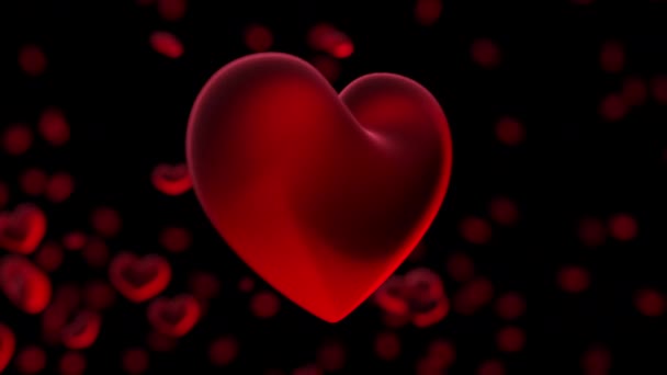 Animazione 3D di un cuore morbido rosso che gira nel mezzo della cornice su sfondo nero pieno di piccoli cuori fluttuanti fuori fuoco. Pronti per il loop - Filmati, video