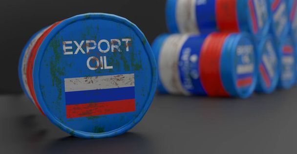 Ruská ropa, pozadí barelů ropy, ruská vlajka na hlavni, sankce za ruskou ropu. 3D práce a 3D ilustrace - Fotografie, Obrázek