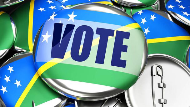 ソロモン諸島と投票-ソロモン諸島の旗と単語投票でピンバックボタンの数十。この国の今後の投票を象徴する3Dレンダリング。 - 写真・画像