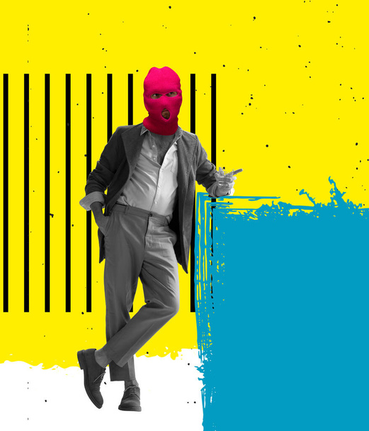 Contemporary art collage. Stylish businessman in a suit wearing pink balaclava isolated over blue and yellow background - Foto, Imagem