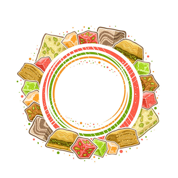 Векторная рамка для арабских сладостей с копировальным пространством для текста, декоративная вывеска с иллюстрацией традиционной турецкой пахлавы, домашние рахат-локумы, сладкая арабская халва для восточной кондитерской - Вектор,изображение