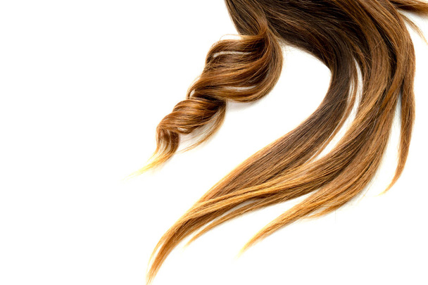 piece of brown curly shiny hair on white isolated background - Fotoğraf, Görsel