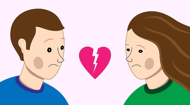 Broken relations concept vector illustration. Cartoon couple with sad faces looking at broken heart - Vector, Image
