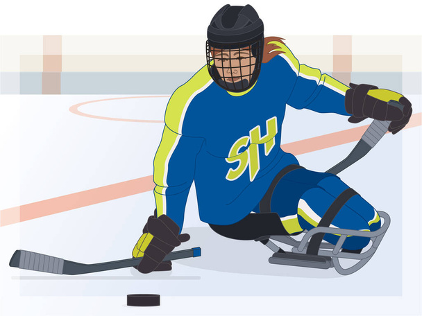 para σπορ παραλυτικό έλκηθρο χόκεϊ, σωματική αναπηρία γυναίκα παίκτης κάθεται σε εξειδικευμένο έλκηθρο στον πάγο με χόκεϊ παγοδρόμιο στο παρασκήνιο - Διάνυσμα, εικόνα