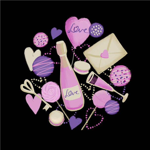 Ілюстрація символів любові цукерки, лист, куля, серця, шампанське у формі кола рожево-фіолетового кольору на чорному тлі
 - Вектор, зображення