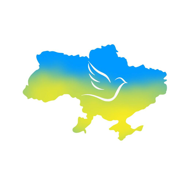 Gelb-blaue Landkarte der Ukraine und Friedenstauben. Krieg in der Ukraine beenden.  - Foto, Bild