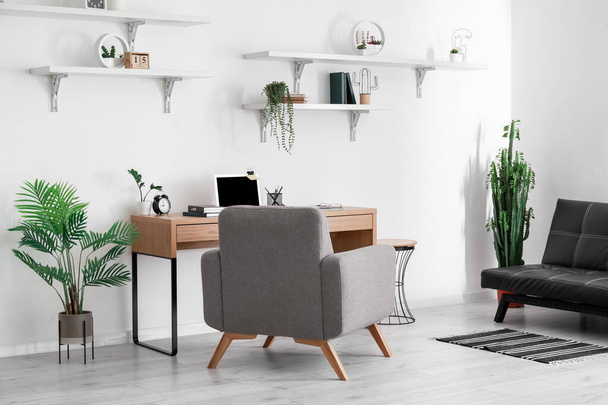 Comfortable workplace and houseplants in stylish room interior - Fotoğraf, Görsel