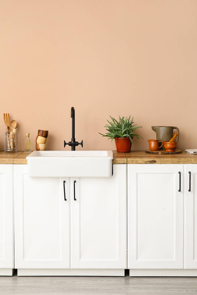 Mostradores con fregadero, planta de interior y utensilios de cocina cerca de la pared beige - Foto, imagen
