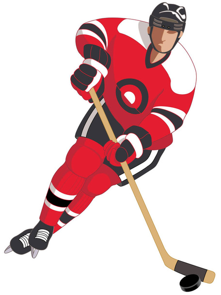 хоккеист в красной форме, катание на коньках с хоккейной клюшкой изолированы на белом фоне - Вектор,изображение