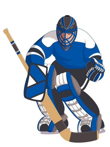 portero de hockey portero en uniforme azul, guardando con palo de portero aislado sobre un fondo blanco - Vector, Imagen