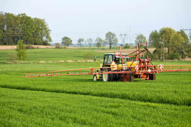 Tractor rociando el campo verde en la granja
 - Foto, imagen
