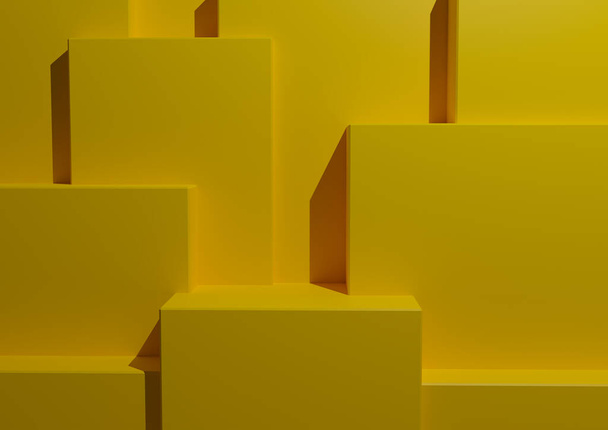 Minimalne jasne żółte tło Scena 3D Studio Mockup z Podiums i Poziomy do wyświetlania i prezentacji produktów. Geometryczna pozioma tapeta architektoniczna. - Zdjęcie, obraz
