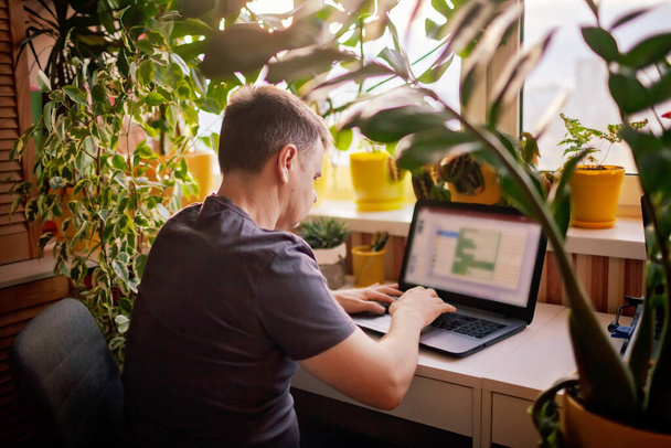 Man works with laptop remotely from home. Distant work place with green-nature inspired home office - Photo, Image