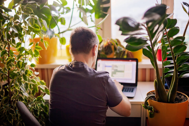 El hombre trabaja con el ordenador portátil de forma remota desde casa. Lugar de trabajo lejano con oficina en casa inspirada en la naturaleza verde - Foto, Imagen