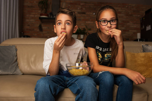 Cute children watching movie on TV on sofa in evening - Photo, Image