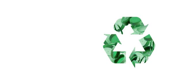 Recycling-Symbol aus grünen Kronkorken für auf weißem Hintergrund. Das Konzept der Sicherheit vor Umweltschäden. Die Idee der ökologischen Nachhaltigkeit und der Tag der Erde. Kopierraum. Banner. - Foto, Bild