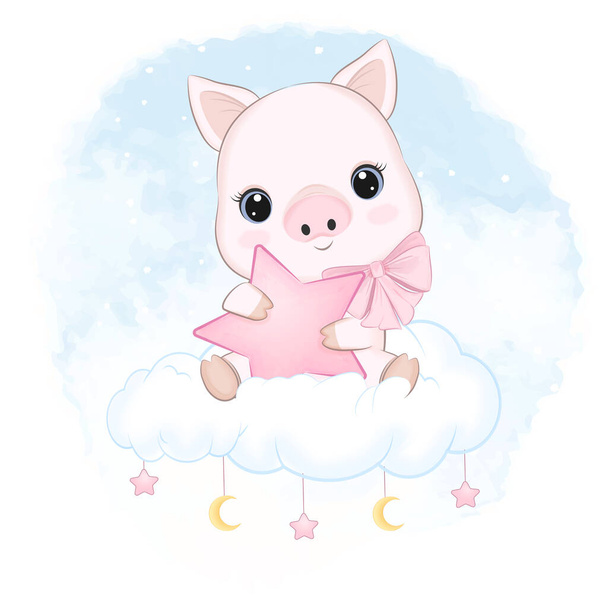 Cute Little Pig sitting on the cloud, cartoon illustration - Vector, Image
