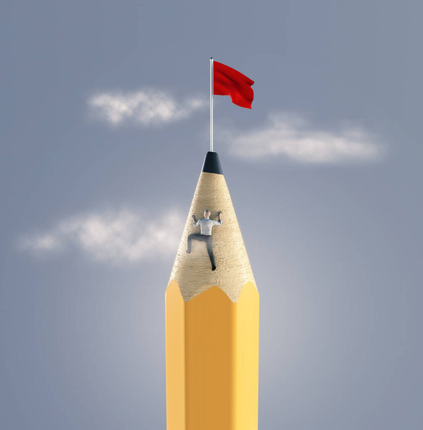 Muž šplhá na tužku na červenou vlajku. Koncept tvořivosti a aspirací. Toto je ukázka 3D vykreslování .  - Fotografie, Obrázek