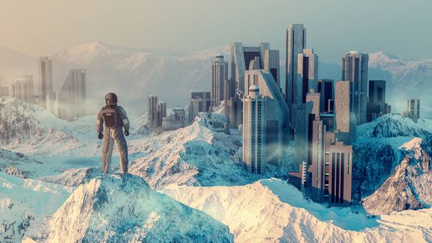 Kosmonaut auf einem Felsen blickt auf eine Stadt in den Bergen. Fantasiewelt und dystopisches Stadtkonzept. Dies ist eine 3D-Darstellung   - Foto, Bild