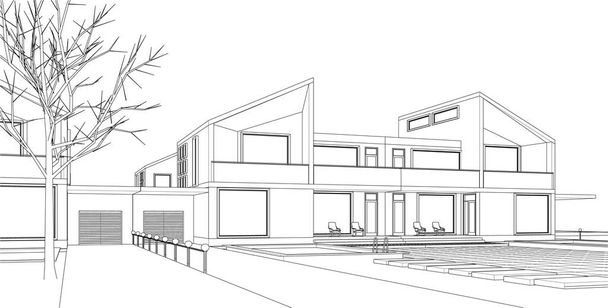 city townhouse architectural project sketch 3d illustration - Vector, Image