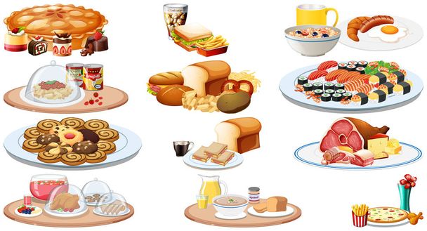 Különböző élelmiszerek és italok készlete illusztráció - Vektor, kép