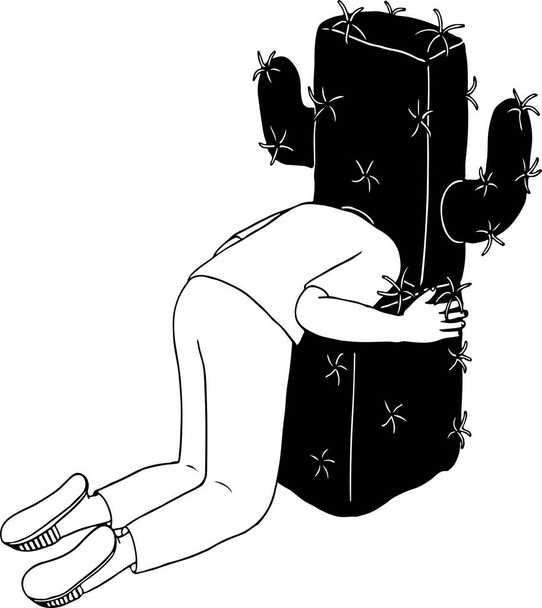   Ilustração vetorial de um homem enfiou a cabeça em um cacto - Vetor, Imagem