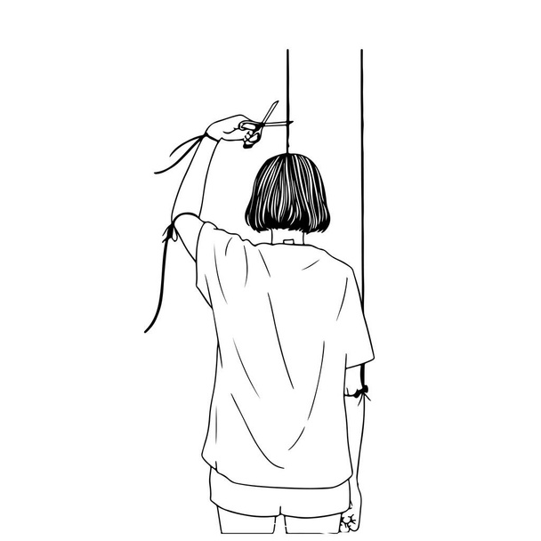   Ilustración vectorial de la niña cortando las cuerdas de sus muñecas con las que estaba controlada, el concepto de manipulación y tomando el control de la libertad de elección - Vector, imagen