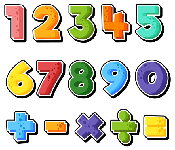 Conteggio dei numeri da 0 a 9 e illustrazione dei simboli matematici - Vettoriali, immagini