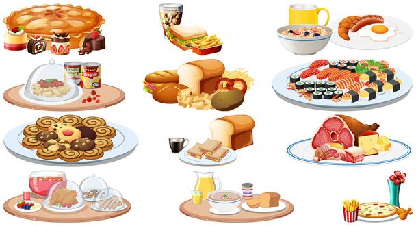 Illustration d'un ensemble de différents aliments et boissons - Vecteur, image