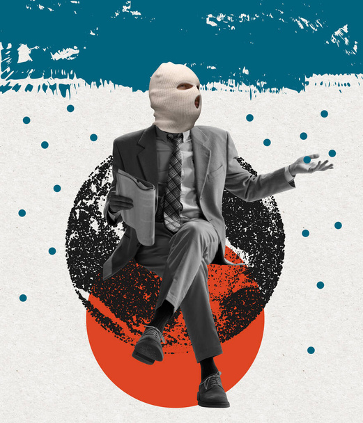 Contemporary art collage. Stylish businessman in a suit wearing white balaclava isolated over abstract background. Surrealism - Φωτογραφία, εικόνα