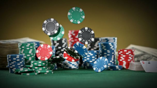 Falling poker chips on the table, macro shot. Casino and gambling concept. - Zdjęcie, obraz
