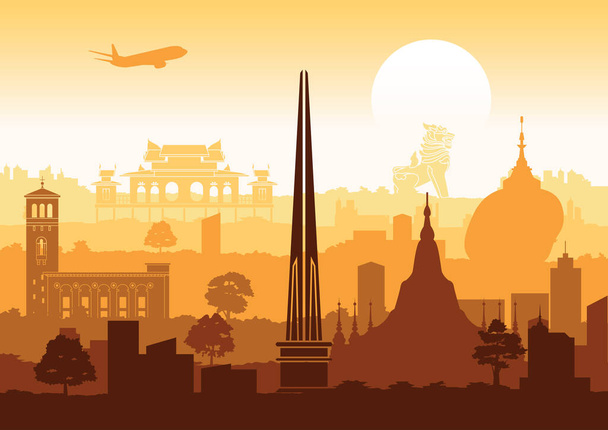 myanmar top beroemde bezienswaardigheden silhouet stijl, reizen en toerisme - Vector, afbeelding