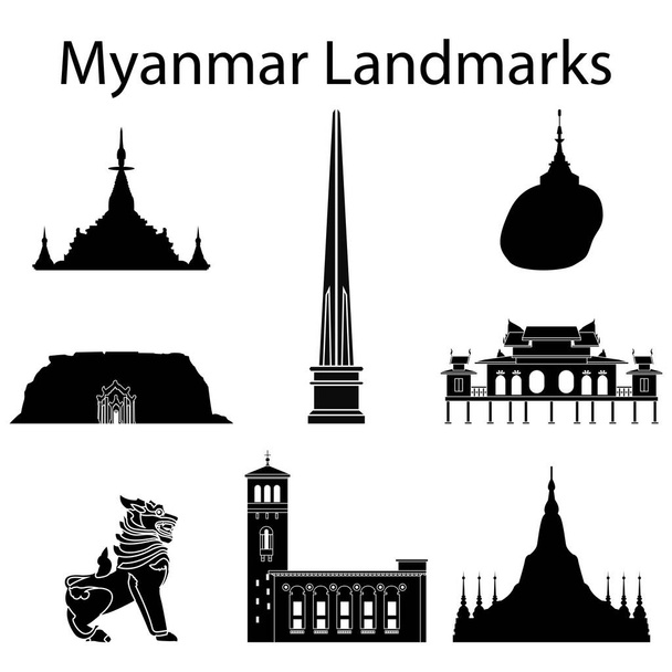 Mianmar leghíresebb látnivalói sziluett stílus, utazási és turisztikai - Vektor, kép