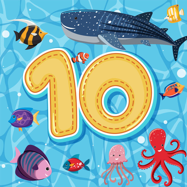 Numéro dix avec illustration des animaux marins - Vecteur, image