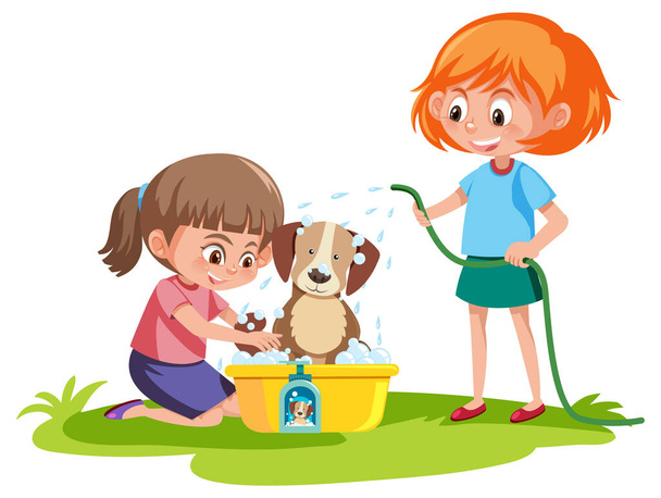 Cão bonito tomar um banho com duas meninas ilustração - Vetor, Imagem
