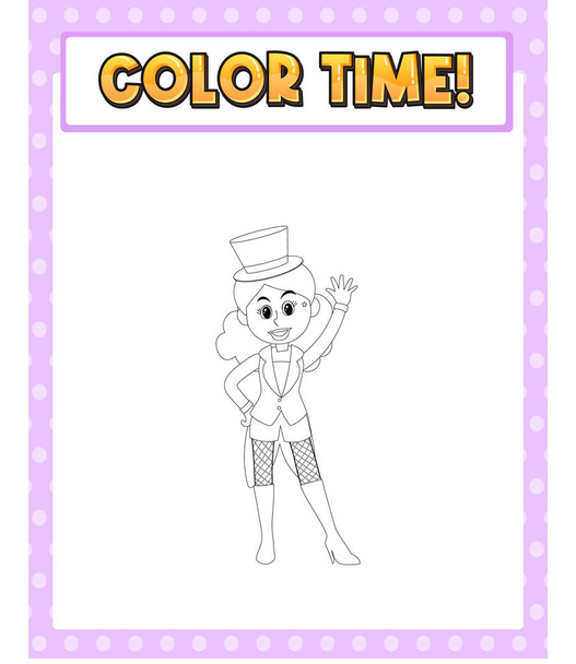 Worksheets template with color time! text magician girl outline illustration - Vector, Image