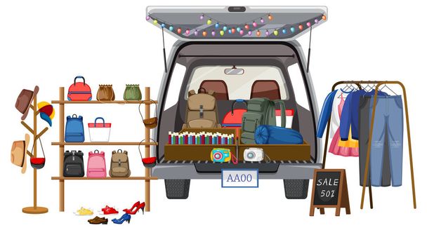 Vlooienmarkt concept met auto boot verkoop illustratie - Vector, afbeelding