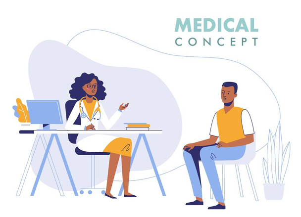 Practitioner african american doctor woman and young man patient in hospital medical office. Consultation and diagnosis. - Vector, Image