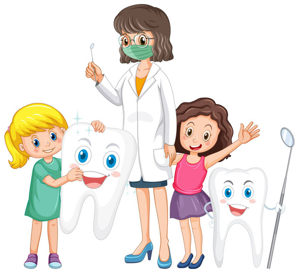 Niños felices sosteniendo diente grande y dentista sobre fondo blanco ilustración - Vector, imagen