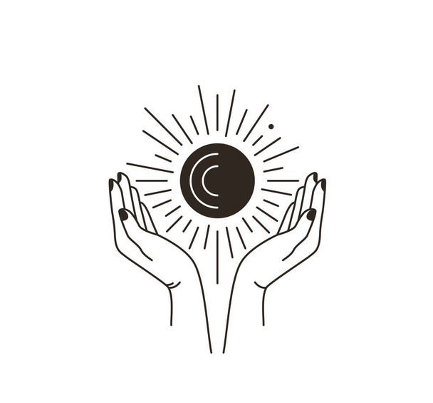 Donna mano logo con stella, luna, sole in linea semplice stile boho piatto isolato su sfondo bianco. Astratto simbolo femminile minimale per il design di bellezza. astrologia magica illustrazione moderna - Vettoriali, immagini