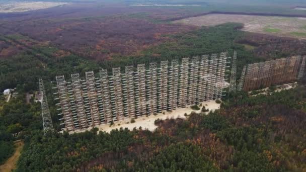 Aerial view of Former remains of Duga radar system in abandoned military base in Chernobyl Exclusion Zone, Ukraine - Footage, Video