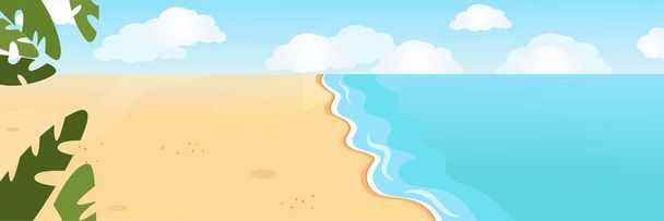 Горизонтальное знамя морского песчаного берега с облаками и волнами в мультяшном плоском стиле. Голубое небо, вода и чистый желтый песок. Настроение свободы и спокойствия. - Вектор,изображение