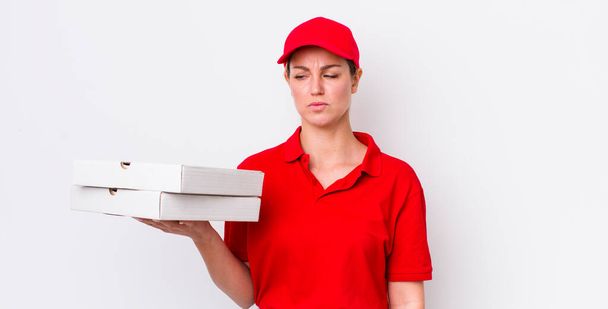 blonde pretty woman feeling sad, upset or angry and looking to the side. pizza delivery concept - Φωτογραφία, εικόνα