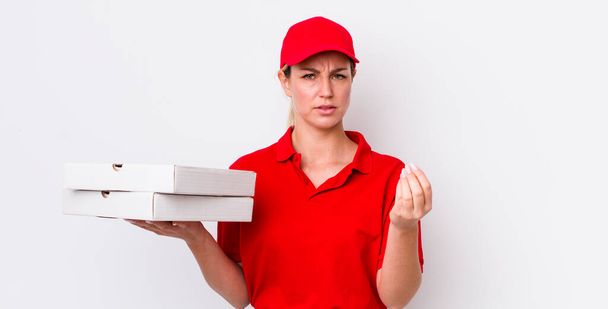 blonde pretty woman making capice or money gesture, telling you to pay. pizza delivery concept - Φωτογραφία, εικόνα